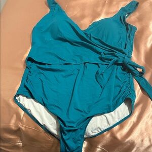 Younique Teal Wrap-Style One-Piece Swimsuit with Side Tie